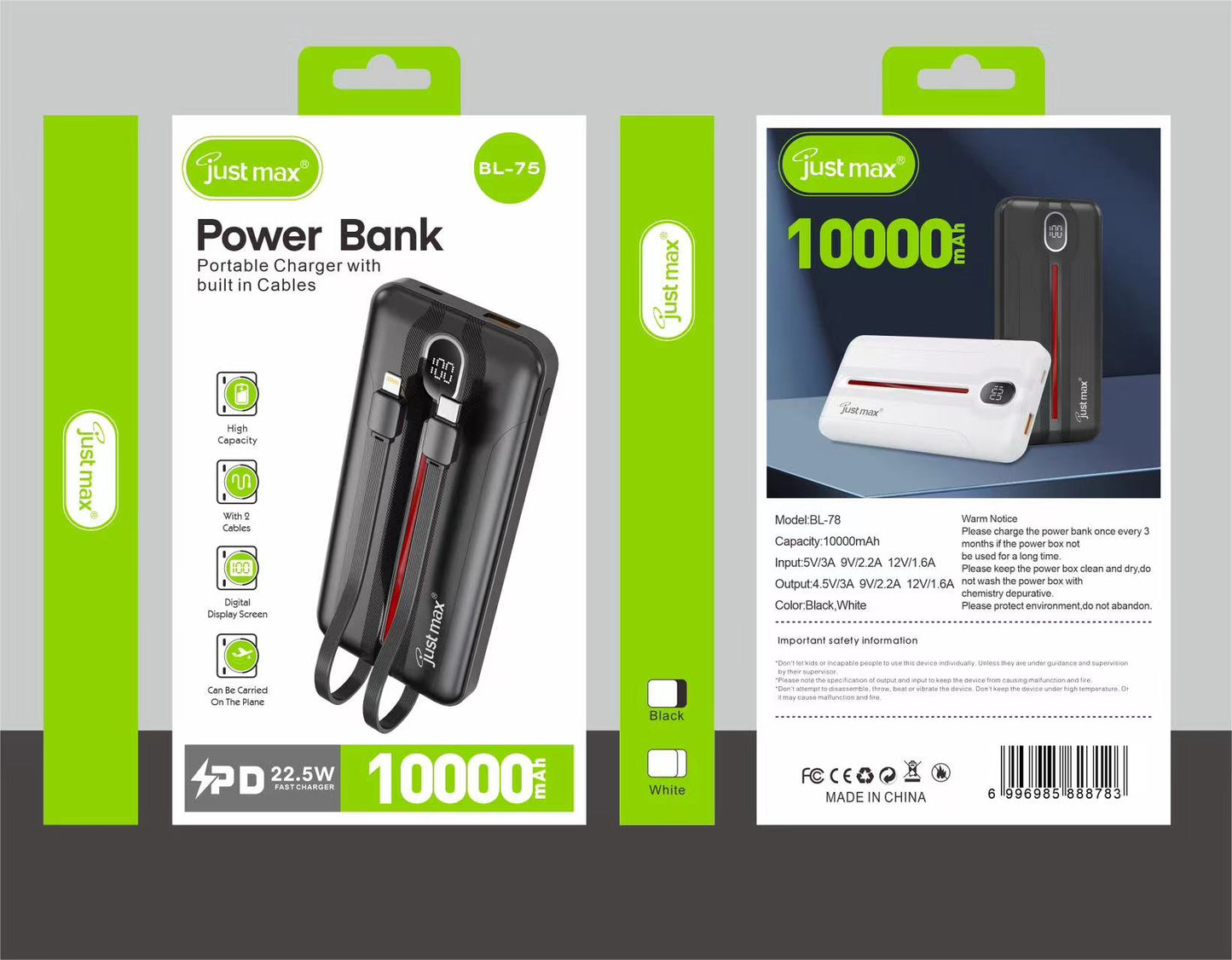 Batterie Externe POWER BANK JUST MAX | 10000 MAH | Avec SOLER | AVEC CABLE