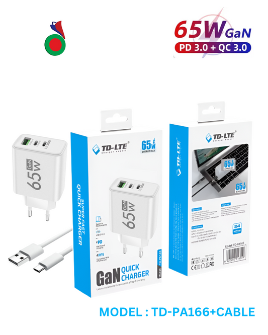 TD-LTE GaN-Chargeur Rapide (Port:2USB C &1 USB A)+TYPE C CABLE  | SUPER FAST QUICK CHARGER |65W