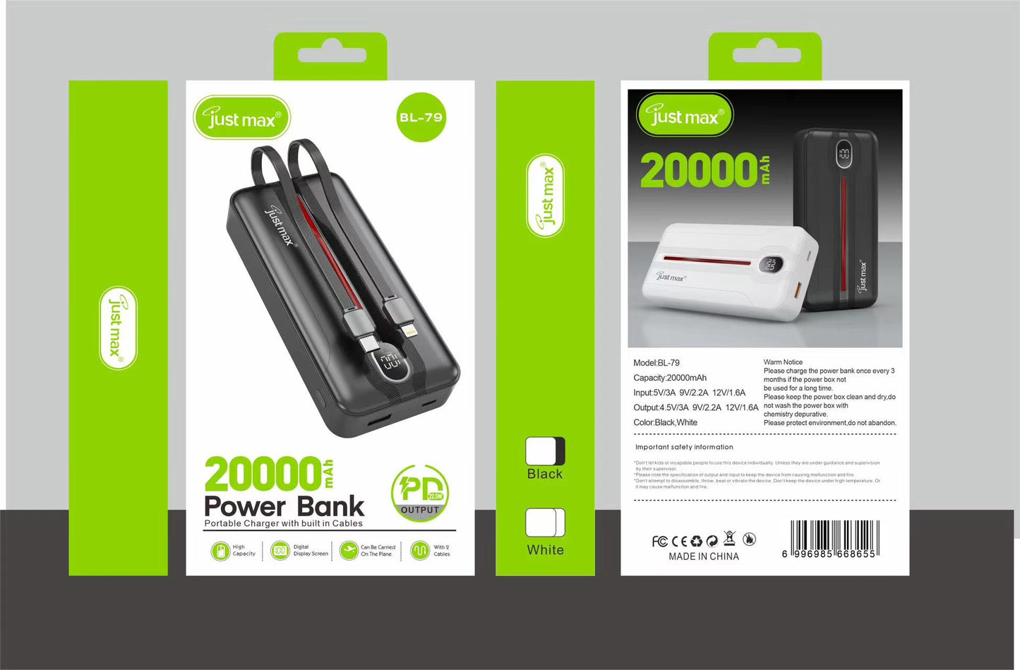 Batterie Externe POWER BANK JUST MAX | 20000 MAH | Avec LED TOUCH | AVEC CABLE