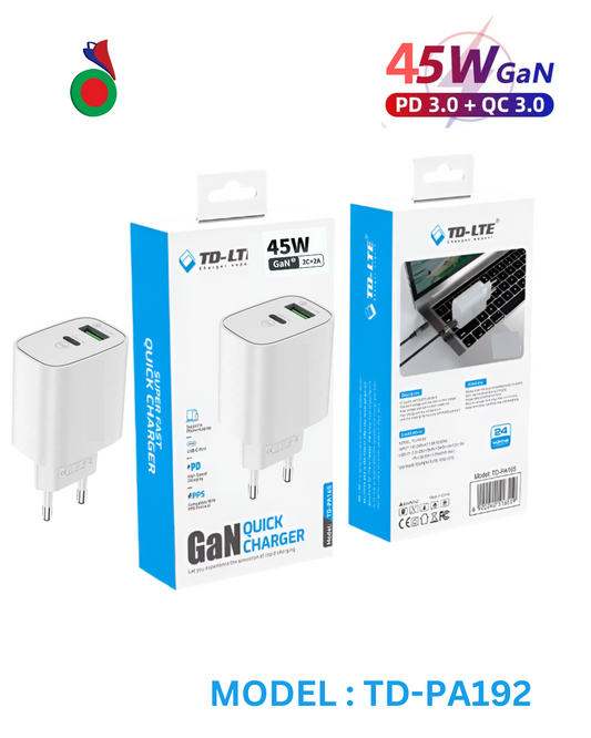 TD-LTE GaN-Chargeur Rapide (Port:1USB C &1 USB A)| SUPER FAST CHARGER |45W