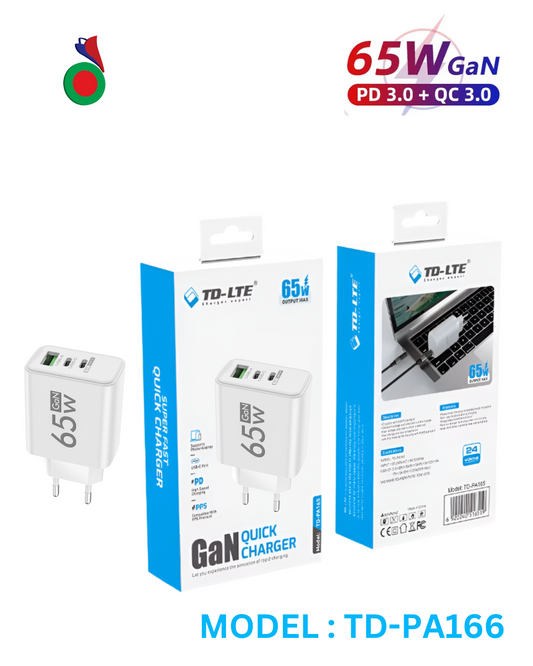 TD-LTE GaN-Chargeur Rapide (Port:2USB C &1 USB A) | SUPER FAST QUICK CHARGER |65W