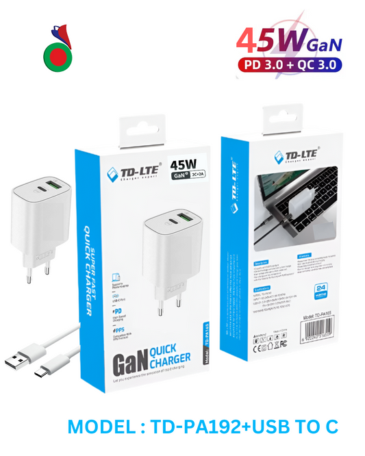 TD-LTE GaN-Chargeur Rapide (Port:1USB C &1 USB A)+TYPE C CABLE | SUPER FAST CHARGER |45W